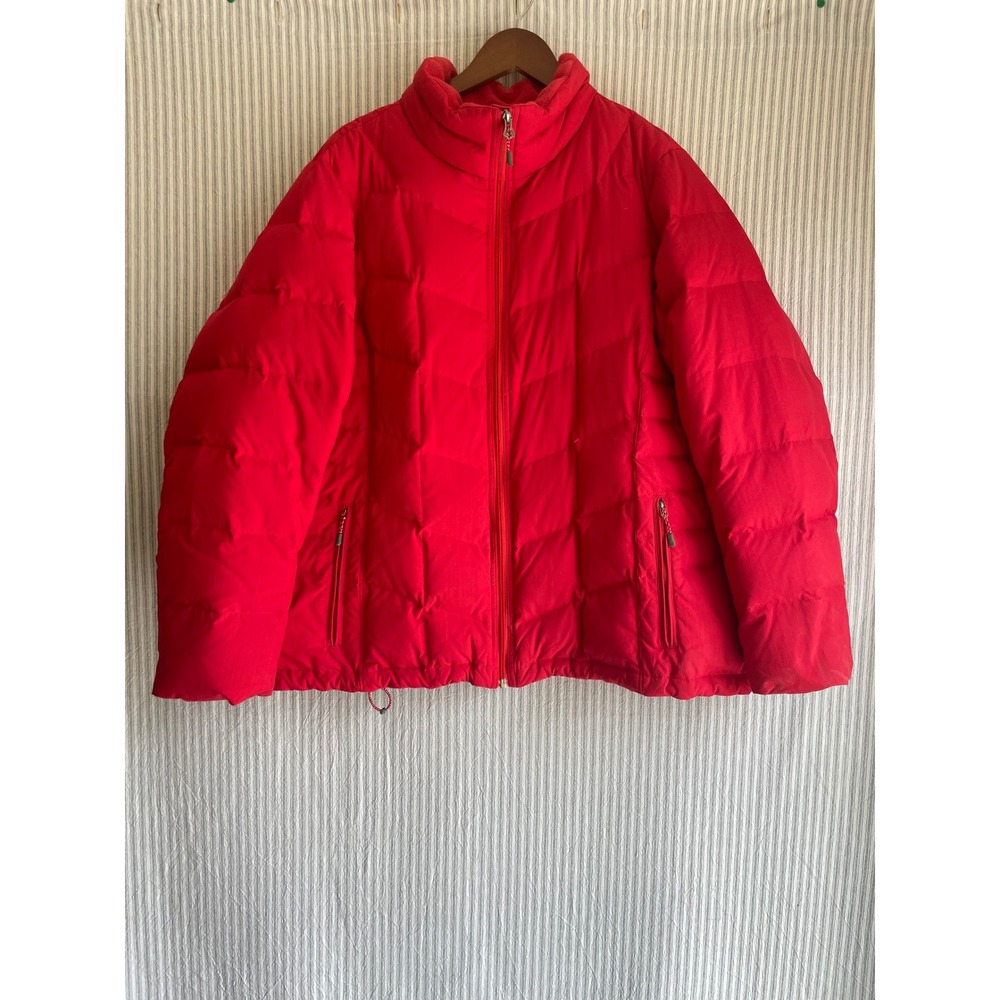 Lands' End Red Down Puffer Jacket Womens 2X 20W-22W Chevron Quilt Fleece Collar